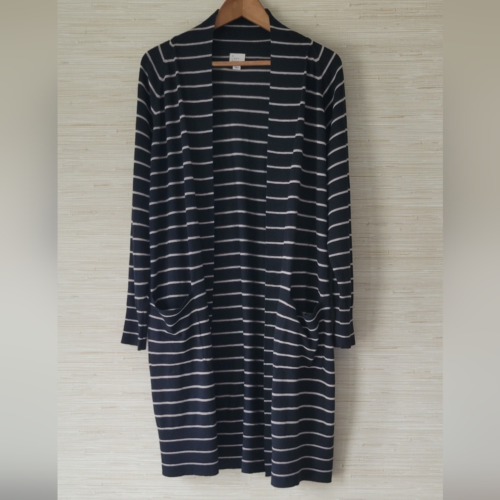 Women's Black And Cream Striped Duster Cardigan